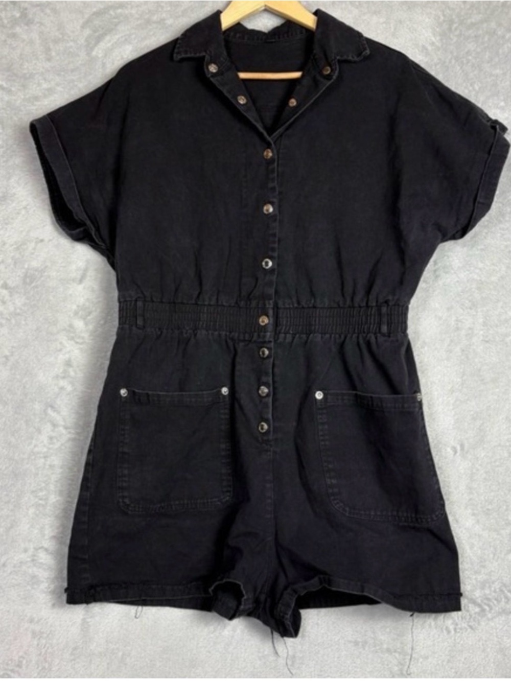 Black Denim Utility Romper Short Sleeve Button Front Raw Hem XL Festival